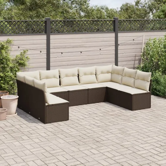 Havesofasæt 9 dele i brun polyrattan med hynder