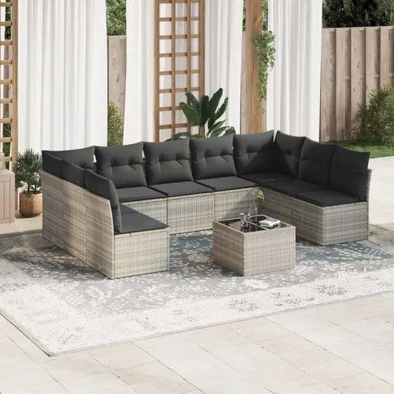 Sofasæt til haven 10 dele i lysegrå polyrattan med hynder