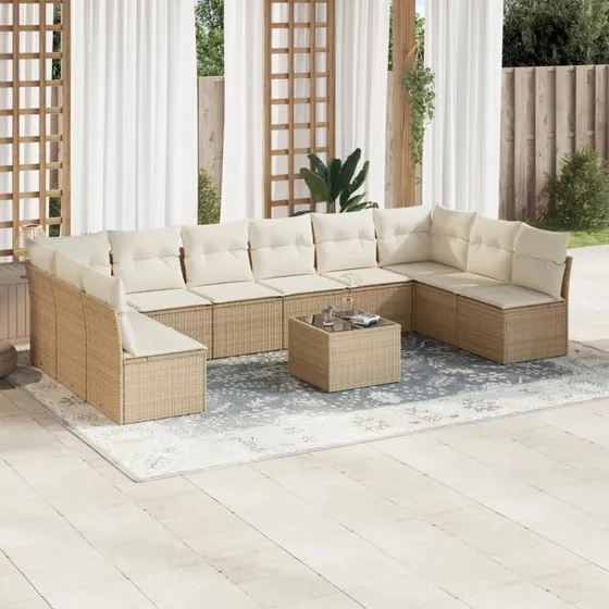 11-dele havemøbelsæt i polyrattan med hynder - beige