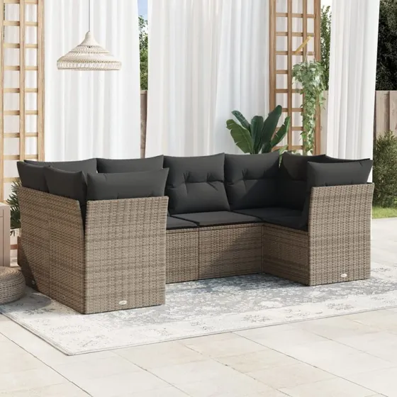 Havesofasæt 6 dele i grå polyrattan med hynder