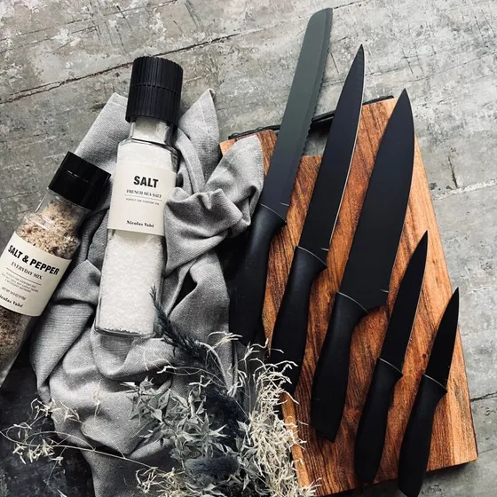 Knivsæt 5 stk mat sort i rustfrit stål