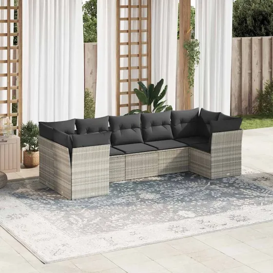 Havesofasæt 7 dele i polyrattan med hynder – lysegrå