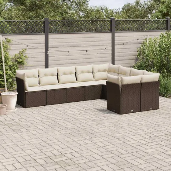 Havesofasæt 9 dele i brun polyrattan med hynder
