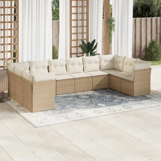 10-delt polyrattan sofasæt til haven med hynder, beige