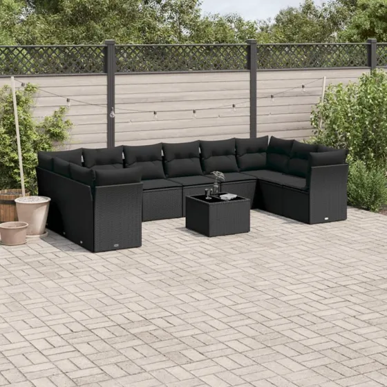 Havesofasæt 11 dele i sort polyrattan med hynder