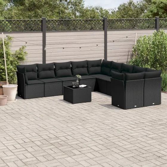 Havesofasæt i polyrattan 11 dele med hynder - sort