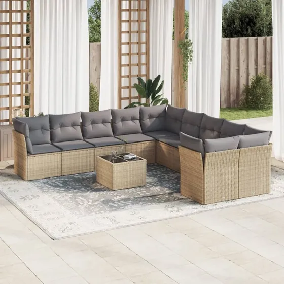 Havesæt 11 dele i polyrattan med hynder - beige