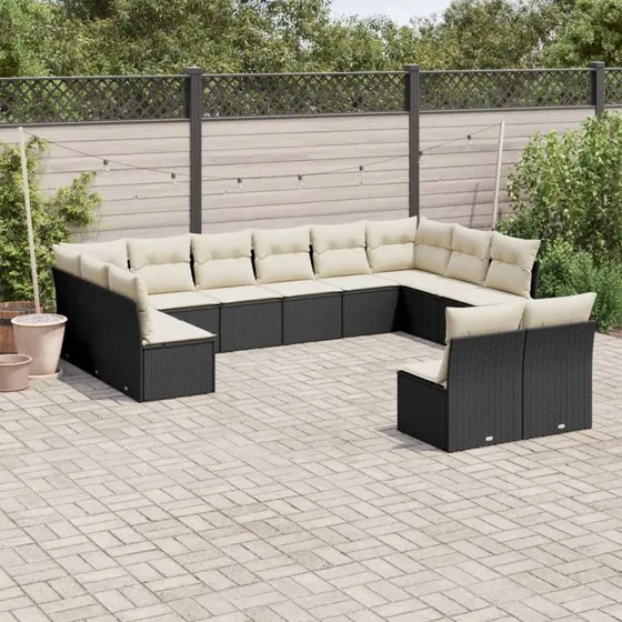 Havesofasæt 12 dele i polyrattan med hynder – sort