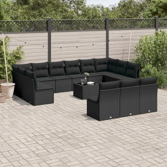 Havesofasæt 14 dele i sort polyrattan med hynder