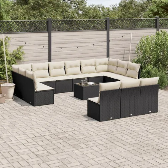 Havesofasæt 14 dele i sort polyrattan med hynder