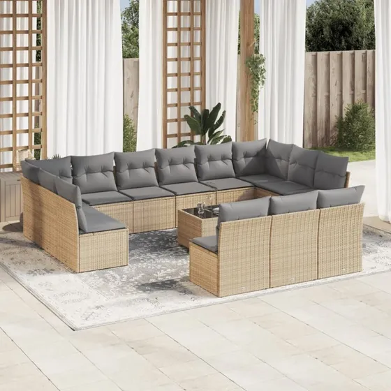 Havesofasæt 14 dele i polyrattan med hynder - beige