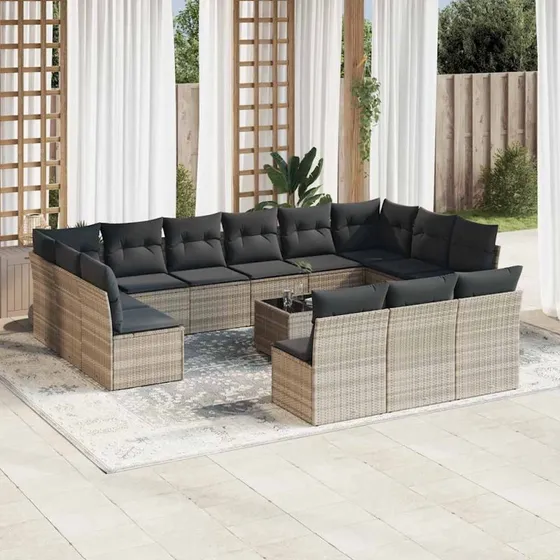 Havesofasæt 14 dele med hynder - polyrattan lysegrå