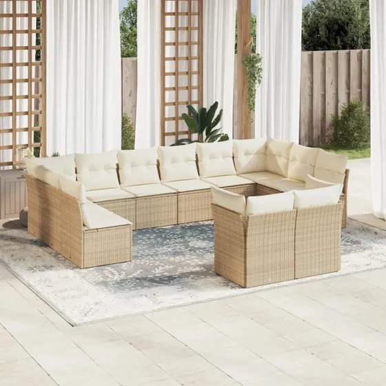 Havesofasæt 12 dele i polyrattan med hynder - beige