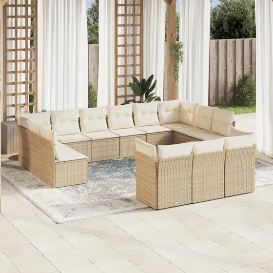 Havesofasæt 13 dele i polyrattan med hynder, beige