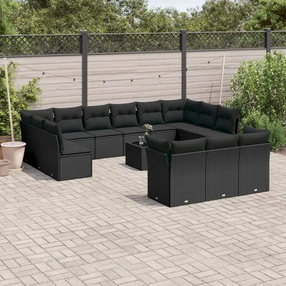 Havesofasæt 14 dele i polyrattan - sort med hynder