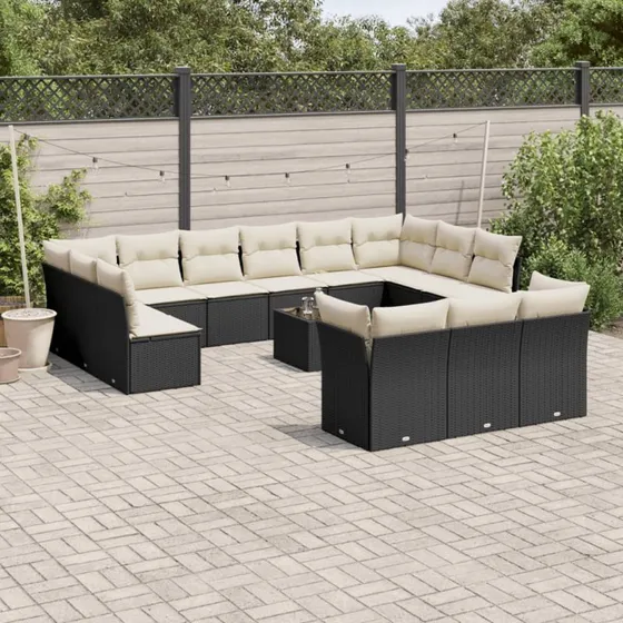 Havesofasæt 14 dele i sort polyrattan med hynder