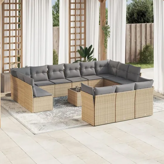 Havesofasæt 14 dele i polyrattan med hynder - beige
