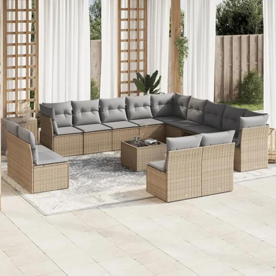Sofasæt til haven 14 dele i polyrattan med hynder, beige