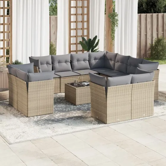 Havesofasæt 12 dele i polyrattan med hynder – beige