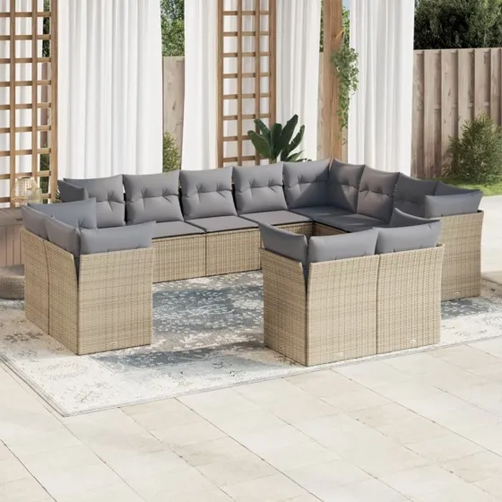 Havesofasæt 12 dele i polyrattan med hynder, beige