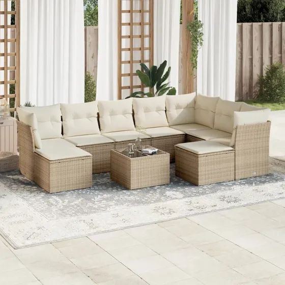 Havesæt 10 dele i polyrattan med hynder – beige