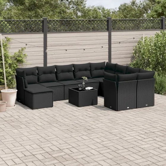 Sofasæt til haven 11 dele i polyrattan, sort