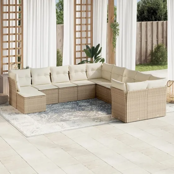 Havesofasæt i polyrattan 11 dele med hynder – beige