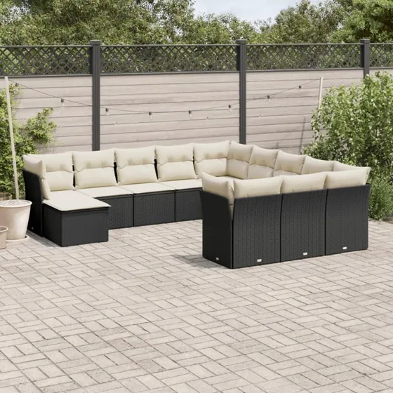 12-delers havesofasæt i sort polyrattan med hynder