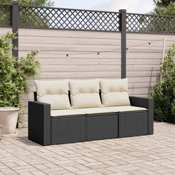 Havesofasæt 3 dele i sort polyrattan med hynder