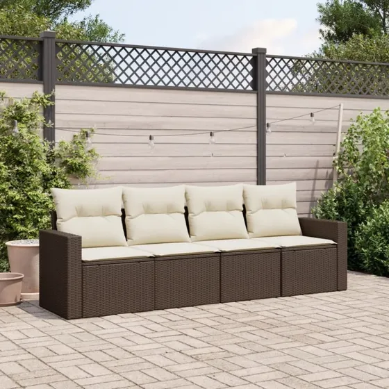 Havesofasæt 4 dele i polyrattan med hynder, brun