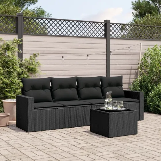 Havesofasæt 5 dele i sort polyrattan med hynder
