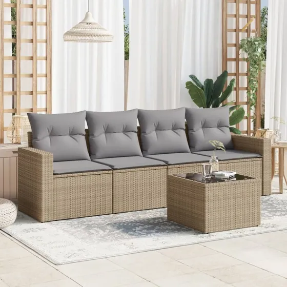 Havesæt 5 dele i polyrattan med hynder – beige