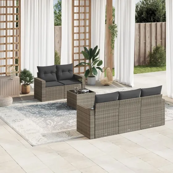 Sofasæt til haven 6 dele i grå polyrattan med hynder