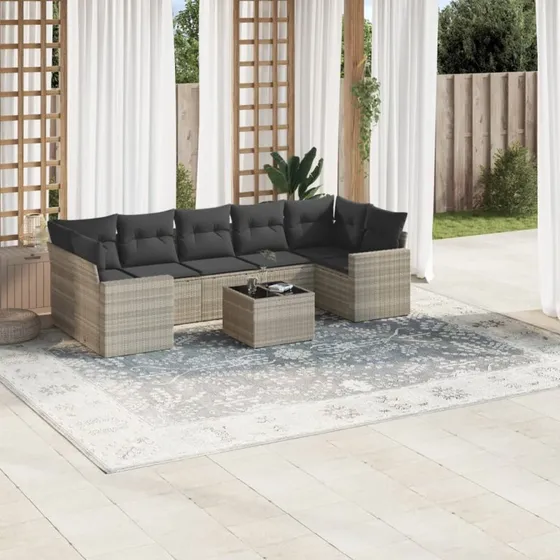 Havesofasæt 8 dele i lysegrå polyrattan m. hynder