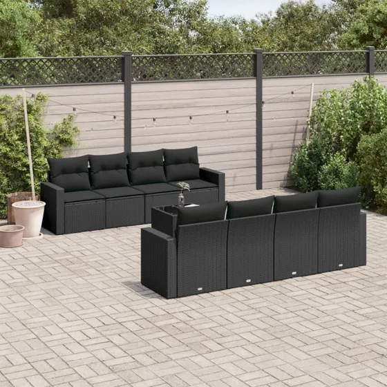 Sofasæt til haven 9 dele i sort polyrattan inkl. hynder