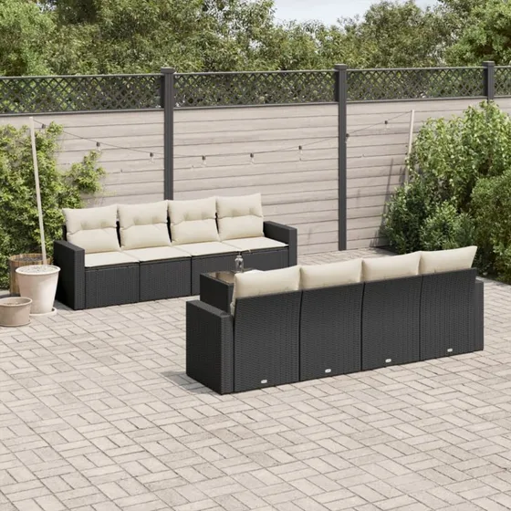 Havesofasæt polyrattan 9 dele med hynder - Sort
