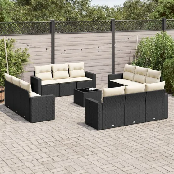 Havesofasæt 13 dele i polyrattan med hynder – sort