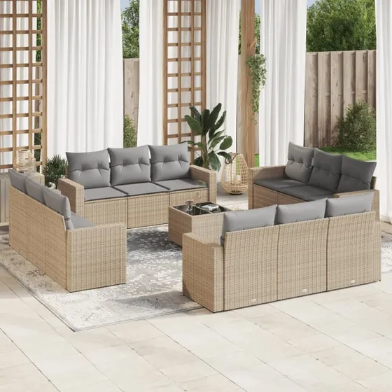 Havemøbelsæt 13 dele i polyrattan med hynder – beige