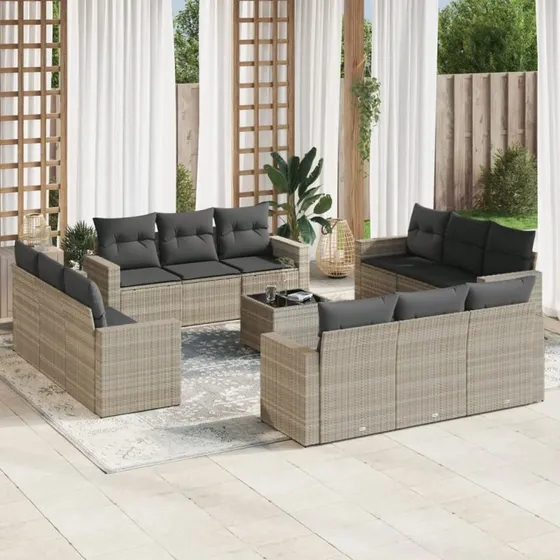 Havesofasæt 13 dele i lysegrå polyrattan m. hynder