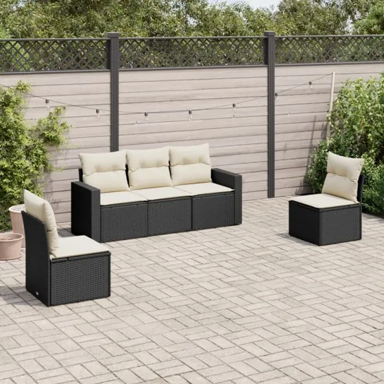 Havesofasæt 5 dele i polyrattan - sort med hynder