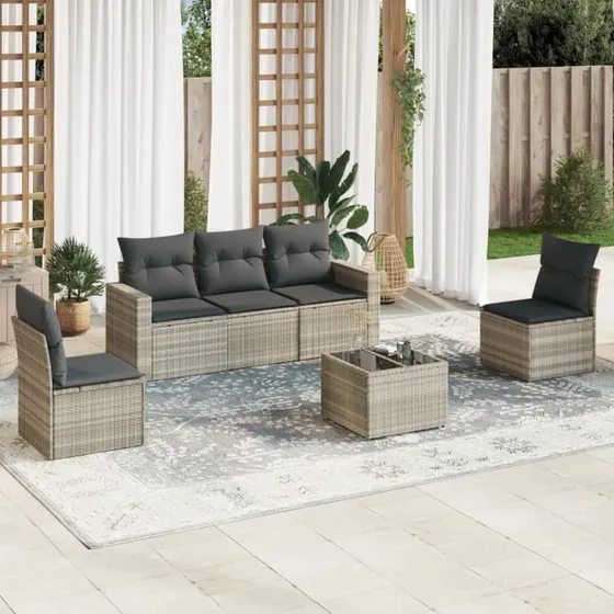 Havesofa sæt 6 dele i lysegrå polyrattan med hynder