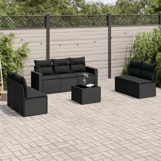 Havesofasæt 8 dele i sort polyrattan med hynder