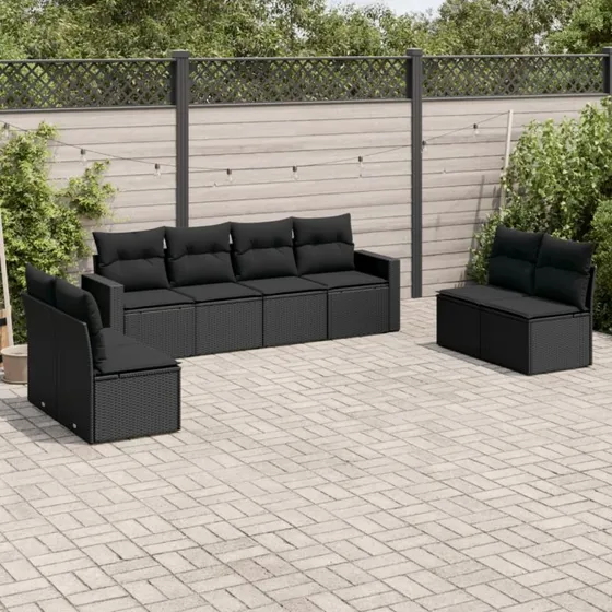 Havesofasæt 8 dele i sort polyrattan med hynder