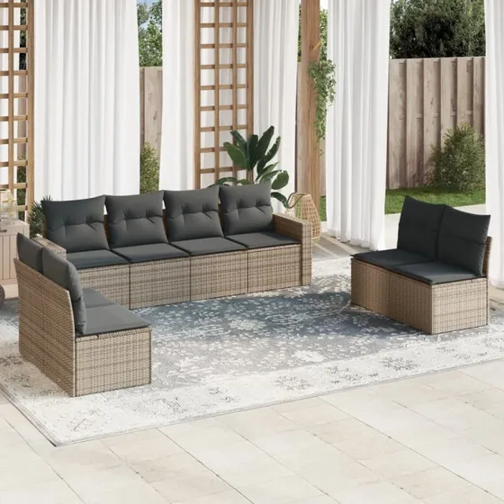 9-delers sofasæt til haven i grå polyrattan med hynder