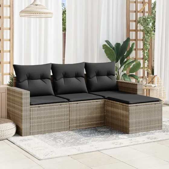 Havesofa sæt 4 dele i polyrattan lysegrå med hynder