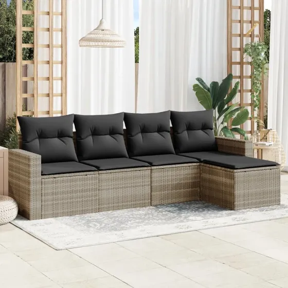 Havesofasæt 5 dele i lysegrå polyrattan med hynder