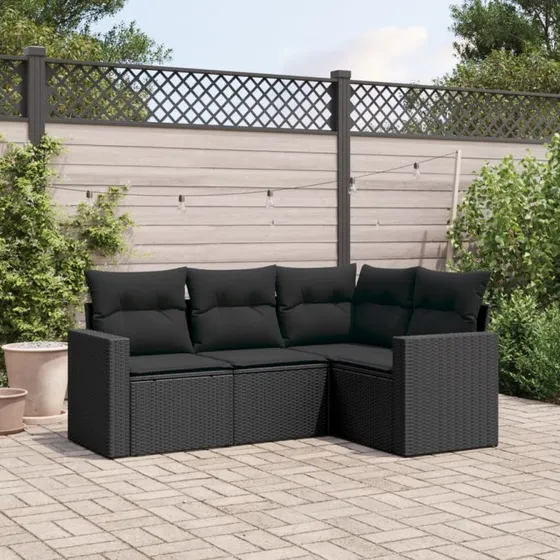 Havesofasæt 4 dele i polyrattan med hynder - sort