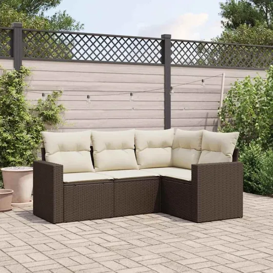 Havesofasæt 4 dele i brun polyrattan med hynder