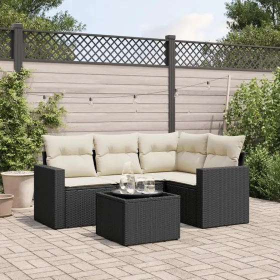 5-dele havesofasæt i sort polyrattan med hynder