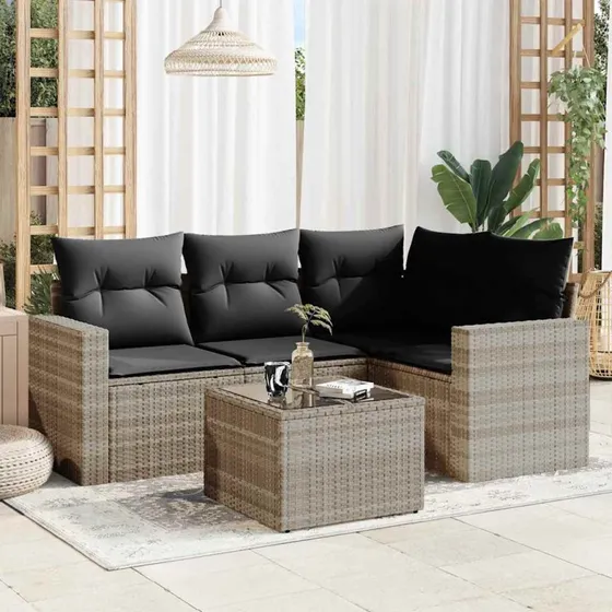 Havesofasæt 5 dele i lysegrå polyrattan med hynder